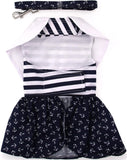 Anchors Away Nautical Striped Navy Blue Harness Party Dress with Charm and matching Leash - Daisey's Doggie Chic