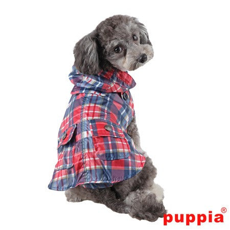 Puppia "Barrington Hooded Cape Raincoat"  in color Navy Plaid - Daisey's Doggie Chic