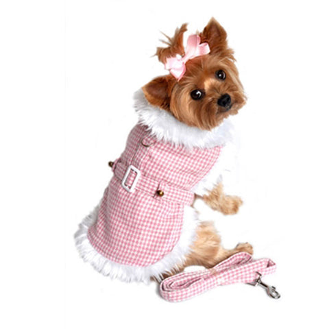 Pink Houndstooth Faux Minky Fur Harness Jacket with Matching Leash in color Pink/White - Daisey's Doggie Chic