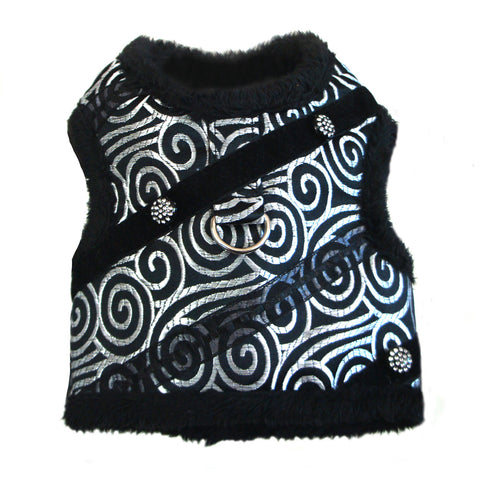 Doggie Design "Black Silver Brocade" Jeweled Plush Minky Fur Harness Vest with matching Leash - Daisey's Doggie Chic