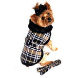 Doggie Design Plaid Faux Minky Fur Harness Jacket with Matching Leash in color Brown Plaid - Daisey's Doggie Chic