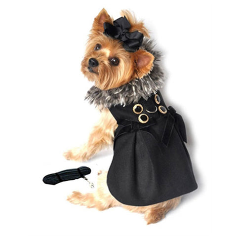Wool Fur Collar Victorian Harness Jacket with Matching Leash in color Black/Silver - Daisey's Doggie Chic