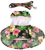 Black Hibiscus Hawaiian Floral Party Harness Dress with Charm and matching Leash - Daisey's Doggie Chic