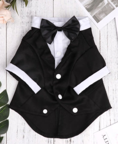 Wedding Formal Black Tails Tuxedo Jacket With Attached Shirt Bow Tie and Themed Accessory - Dog Sizes XS to 2XL - Daisey's Doggie Chic