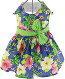 Blue Hibiscus Hawaiian Floral Party Harness Dress with Charm and matching Leash - Daisey's Doggie Chic