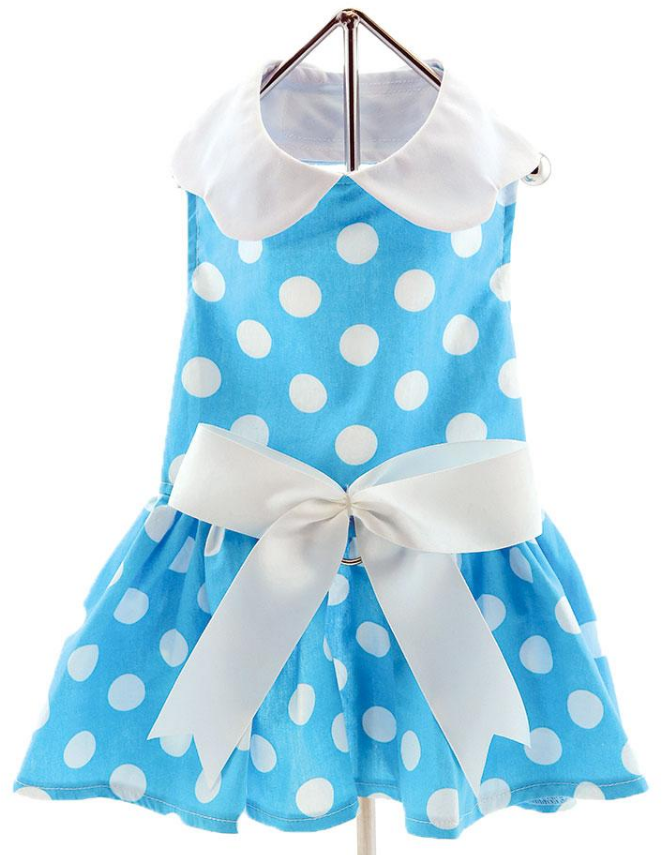 Blue Polka Dots Harness Party Dress with matching Leash set in Blue/White - Daisey's Doggie Chic