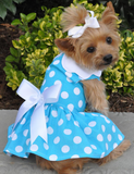 Blue Polka Dots Harness Party Dress with matching Leash set in Blue/White - Daisey's Doggie Chic