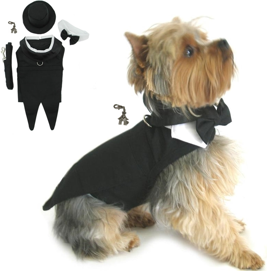 Formal Black Tails Tuxedo with Top Hat & Charm - Wedding Suit Harness Set - Daisey's Doggie Chic