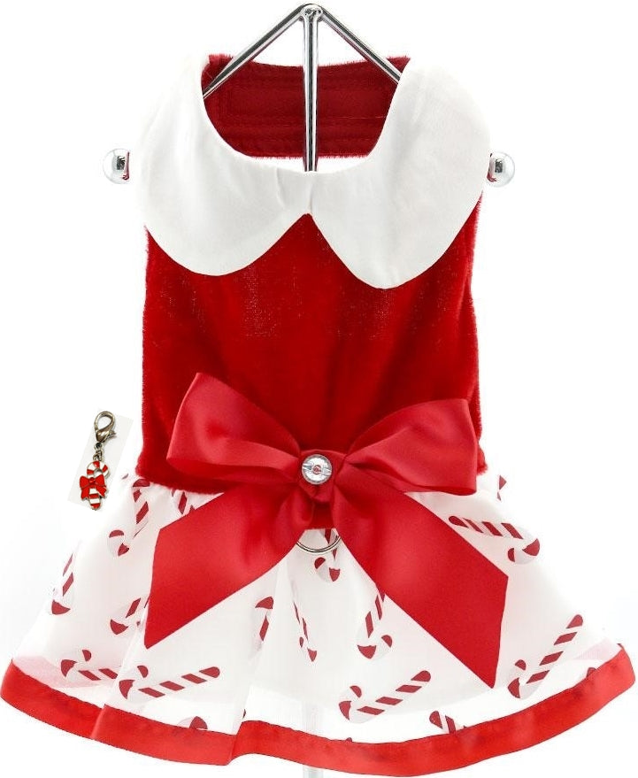 Mrs. Santa Claus Holiday Candy Harness Dress with Charm and Leash  - Candy Cane Red - Daisey's Doggie Chic