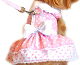 Pink Polka Dots & Bows Harness Party Dress with matching Leash set in Pink/White - Daisey's Doggie Chic