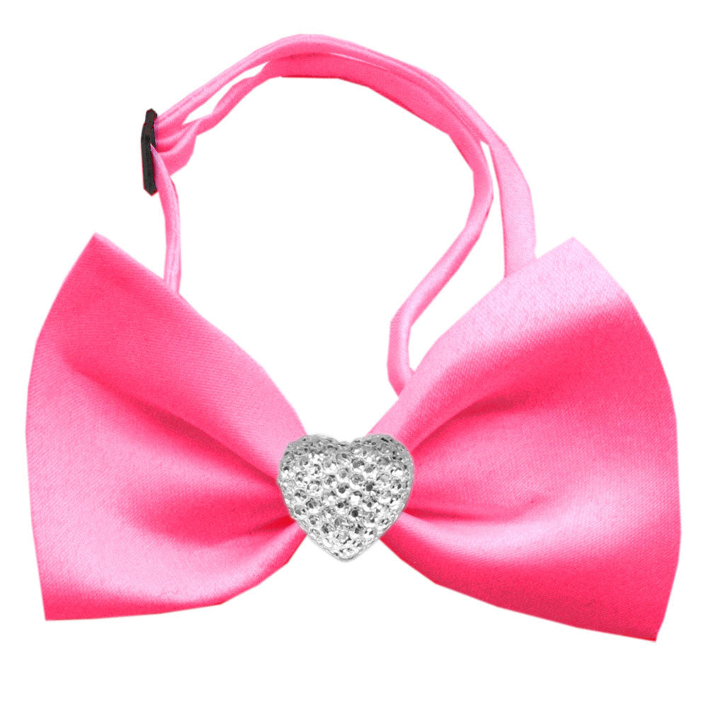 Classic Crystal Heart Satin Bow Tie for Small Dogs in Color Hot Pink - Daisey's Doggie Chic