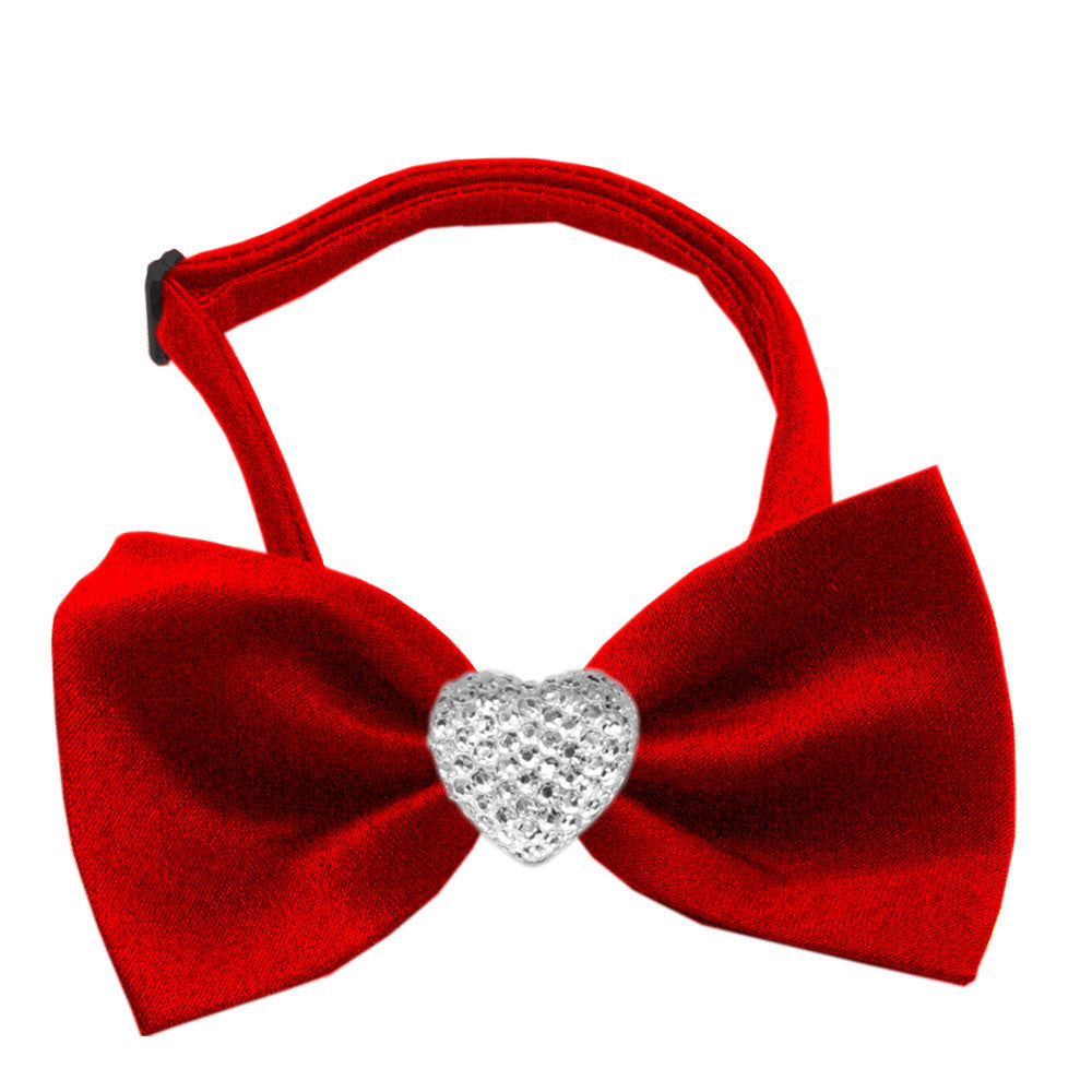 Classic Crystal Heart Satin Bow Tie for Small Dogs in Color Red - Daisey's Doggie Chic