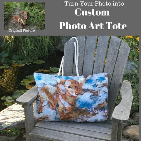 Custom Art Tote Bag Made from Photo - Illustrated Art Bag - Photo Art Bag - Choice of Tall Tote or oversized  Weekender Bag - personalize - Daisey's Doggie Chic