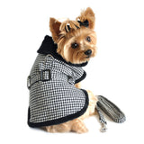 Black Houndstooth Minky Fur Harness Jacket with Matching Leash in color Black/White - Daisey's Doggie Chic