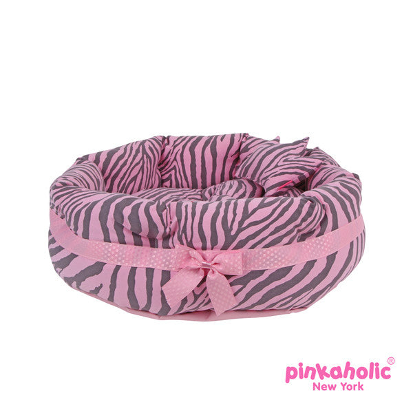 Pinkaholic Pink Zebra "Leo" Luxury Dog Bed with Reversible Cushion and Bone Toy - Daisey's Doggie Chic