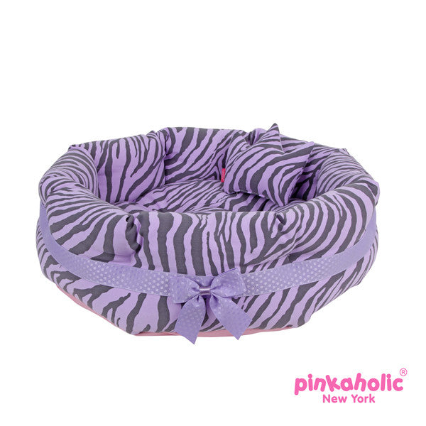 Pinkaholic Lavender Zebra "Leo" Luxury Dog Bed with Reversible Cushion and Bone Toy - Daisey's Doggie Chic