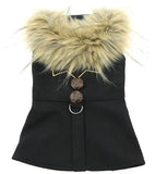 Chevron Wool & Faux Minky Fur Harness Jacket with Matching Leash in Color Navy Blue - Daisey's Doggie Chic