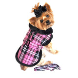 Doggie Design Plaid Faux Minky Fur Harness Jacket with Matching Leash in color Hot Pink Plaid - Daisey's Doggie Chic
