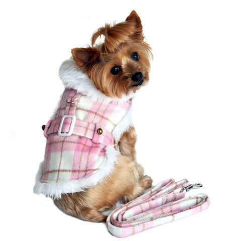 Doggie Design Plaid Faux Minky Fur Harness Jacket with Matching Leash in color Pink/Brown Plaid - Daisey's Doggie Chic