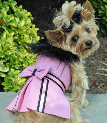 Pink Tuxedo Stripe Wool & Minky Fur Harness Jacket with Matching Leash - Daisey's Doggie Chic