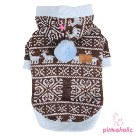 Pinkaholic NY Winter Snowflakes & Reindeer Hooded Sweater color Blue/Brown - Daisey's Doggie Chic