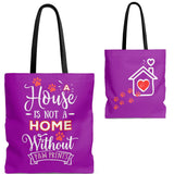 Carryall Tote Bag - House not a Home Without Paw Prints - 2-sided theme  - in Sizes S,M,L - Purple - Personalize it Free - Daisey's Doggie Chic