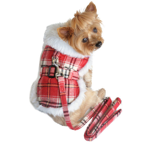 Doggie Design Wool Faxu Minky Fur Harness Jacket with Matching Leash in color Red/White Plaid - Daisey's Doggie Chic