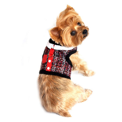 Doggie Design "Red 'n Black Tweed"  Plush Minky Fur Harness Vest with matching Leash - Daisey's Doggie Chic