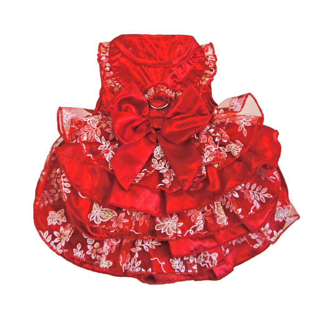 Doggie Design "Satin and Organza" Party Harness Dress Set in color Ruby Red and Gold - Daisey's Doggie Chic