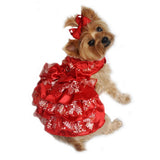 Doggie Design "Satin and Organza" Party Harness Dress Set in color Ruby Red and Gold - Daisey's Doggie Chic