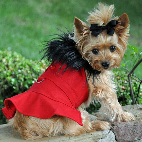 Classic Red Wool & Faux Minky Fur Harness Jacket with Matching Leash - Daisey's Doggie Chic