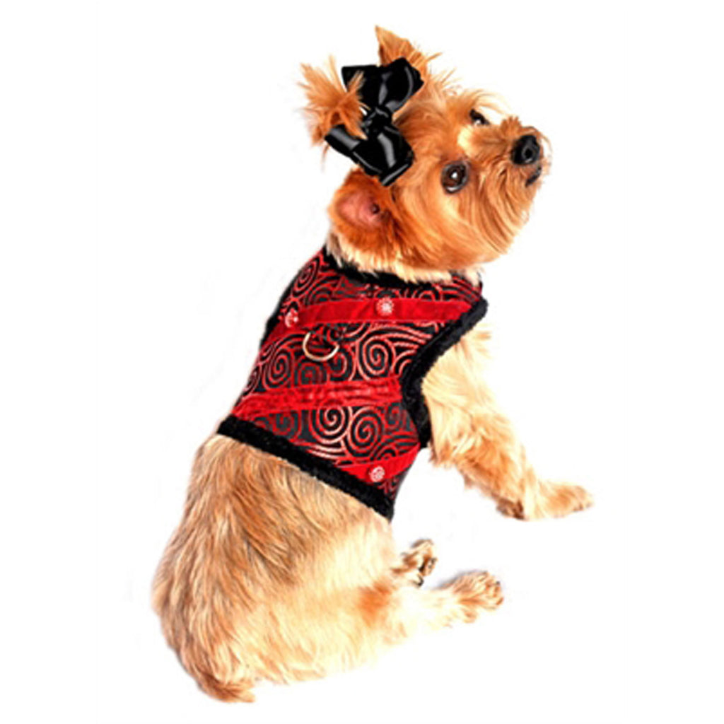Doggie Design Ruby Black Brocade Jeweled Plush Faux Fur Harness Vest with matching Leash - Daisey's Doggie Chic