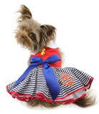 Sailor Themed Party Dress with Charm and matching Leash - Red White and Blue Nautical Stripe - Daisey's Doggie Chic