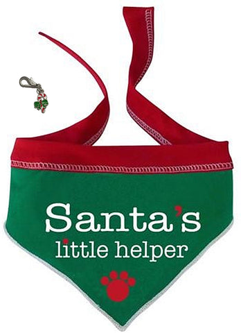 Santa's Little Helper Holiday Scarf in color Red/Green - Comes with Candy Cane Charm - Daisey's Doggie Chic