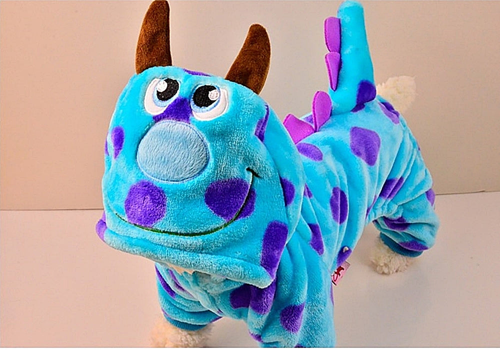 Cute Plush Purple Polka Dot Monster Costume Pajama Coat for Dogs - Color Blue Purple Polka Dot in 5 Sizes - Daisey's Doggie Chic