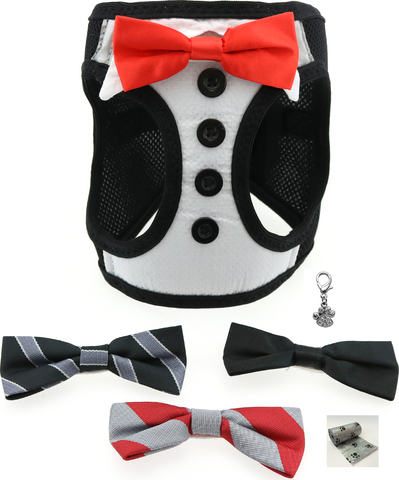 Charmed Tuxedo Styled Ultra Choke Free Step-in Harness Vest with 4 Detachable Bow Ties - Daisey's Doggie Chic