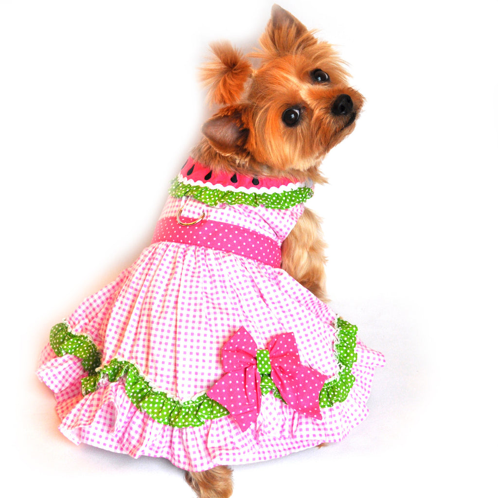 Doggie Design  "Watermelon" Pink Polka Dot Harness Party Dress in Pink multi - Daisey's Doggie Chic