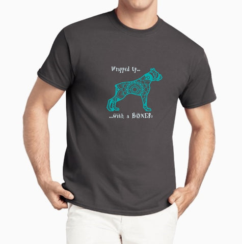 Boxer Dog Pet Themed Crewneck T-Shirt – Wrapped up With a Boxer  logo - Adult (Unisex) Sizes S,M,L,XL,2XL in 19 colors - Daisey's Doggie Chic